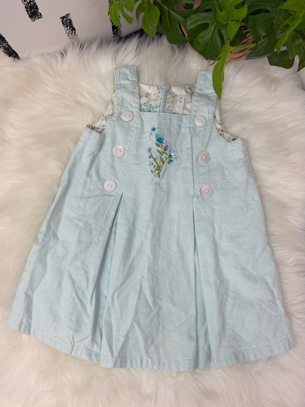 Carters Vintage Floral Embroidered Blue Girls Dress Size 18 Months
